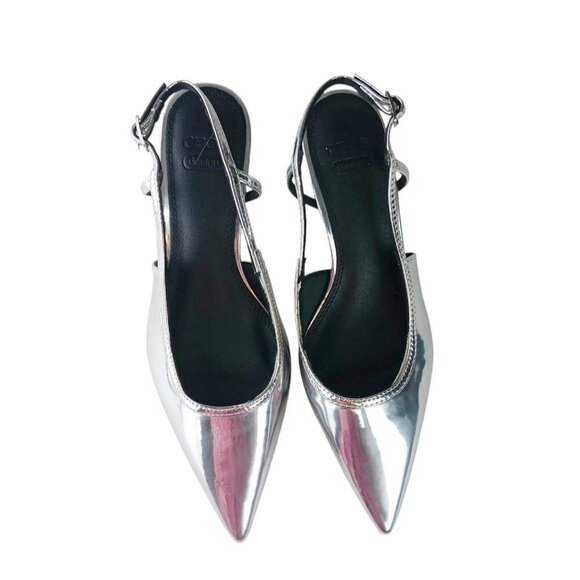 Asos Design Women's Wide Fit Stroll Slingback Kitten Heel Shoes in Silver size 5 - Picture 5 of 12